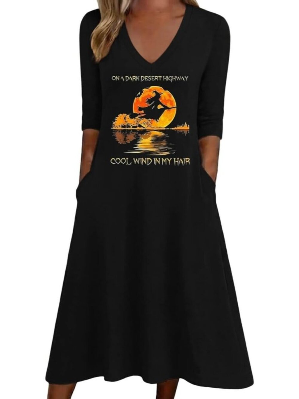 🆕 Women's Halloween Black Witch Dress Desert Highway V-Neck With Pockets